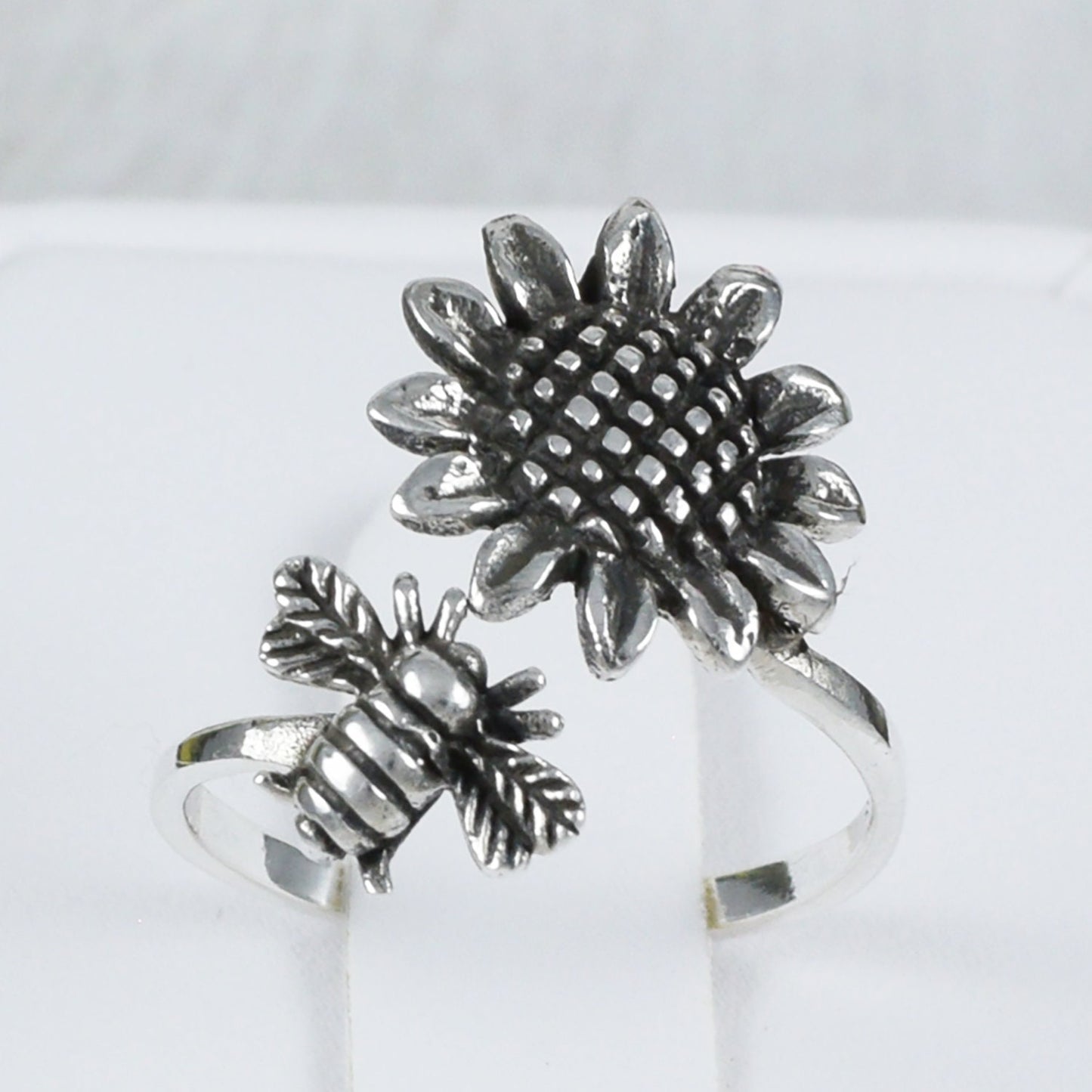 Adjustable Unique Large Beautiful Hawaiian Sunflower and Bee Ring, Sterling Silver Sunflower and Bee Ring, R2392 Birthday Mom Mother Gift