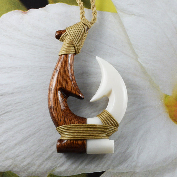 Unique Hawaiian Large Genuine Koa Wood Fish Hook Necklace, Hand Carved Buffalo Bone 3D Fish Hook Necklace, N9403 Birthday Mother Gift