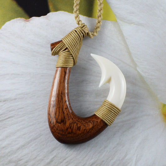 Unique Hawaiian Large Genuine Koa Wood Fish Hook Necklace, Hand Carved Buffalo Bone 3D Fish Hook Necklace, N9406 Birthday Mother Gift