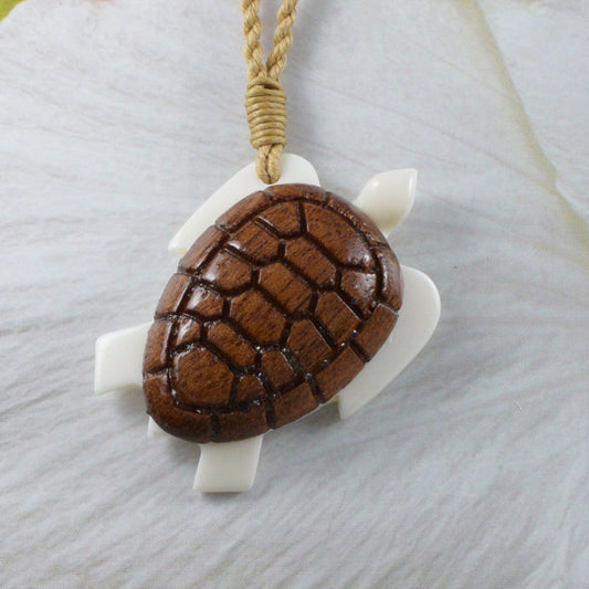 Unique Beautiful Hawaiian Large Genuine Koa Wood Sea Turtle Necklace, Hand Carved Buffalo Bone Turtle Necklace N9412 Birthday Mother Gift