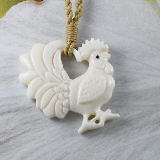 Unique Beautiful Hawaiian Rooster Necklace, Hand Carved Buffalo Bone Rooster Chicken Necklace, N9414 Birthday Mother Gift, Island Jewelry