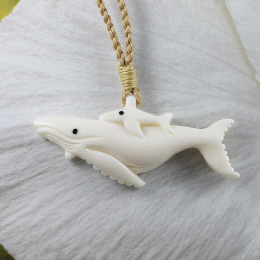 Unique Gorgeous Large Hawaiian Mom and Baby Humpback Whale Necklace, Hand Carved Buffalo Bone 2 Whale Necklace N9418 Birthday Mother Gift