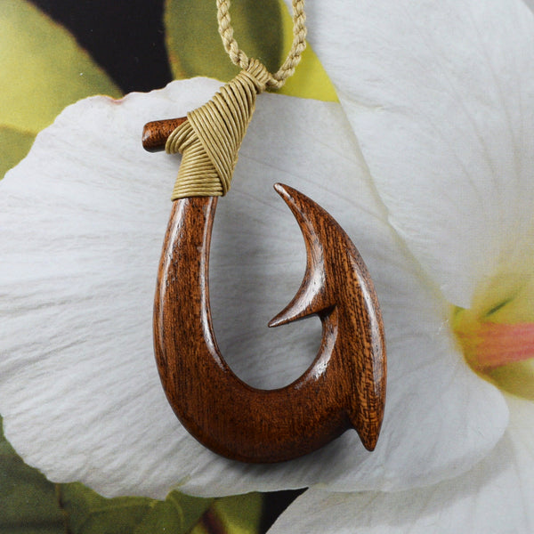 Unique Gorgeous Hawaiian X-Large Genuine Koa Wood Fish Hook Necklace, Hand Carved 3D Koa Wood Fish Hook Necklace, N9432 Birthday Gift