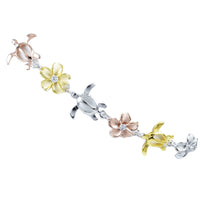 Unique Hawaiian 3-Tone Sea Turtle Plumeria Bracelet, Sterling Silver Tri-color Turtle Bracelet, B3319 Birthday Mom Mother Gift