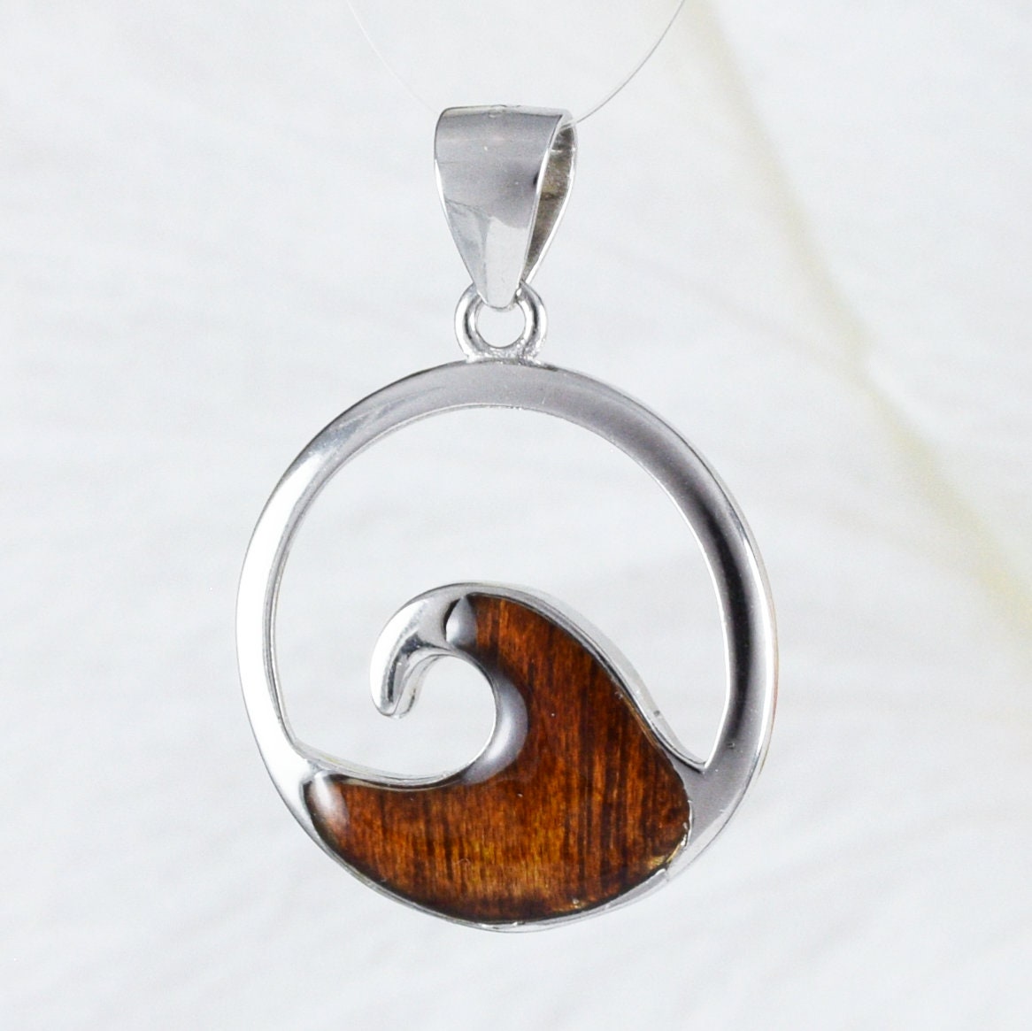 Unique Hawaiian Genuine Koa Wood Ocean Wave Necklace, Sterling Silver Wave Pendant, N4480 Birthday Mom Wife Mother Gift