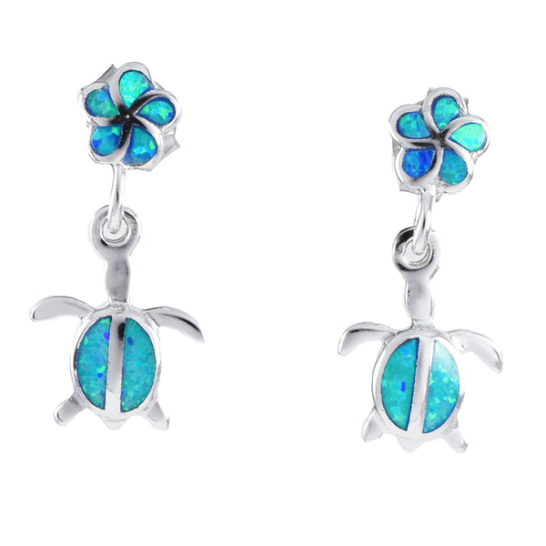 Boucles d'oreilles uniques en forme de tortue de mer en opale bleue hawaïenne, boucles d'oreilles pendantes en argent sterling avec opale et plumeria, cadeau d'anniversaire pour maman et femme E4095