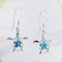 Beautiful Hawaiian Blue Opal Plumeria Turtle Earring, Sterling Silver Opal Plumeria Turtle Dangle Earring, E4100 Birthday Mom Mother Gift