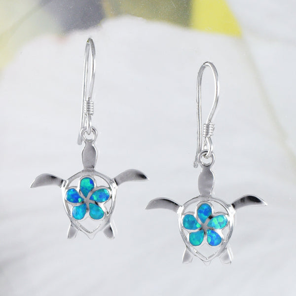 Beautiful Hawaiian Blue Opal Plumeria Sea Turtle Earring, Sterling Silver Blue Opal Plumeria Turtle Dangle Earring, E4102 Birthday Mom Gift