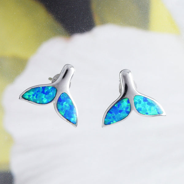 Gorgeous Large Hawaiian Blue Opal Whale Tail Earring, Sterling Silver Blue Opal Whale Tail Stud Earring, E4498 Mother Gift, Statement PC