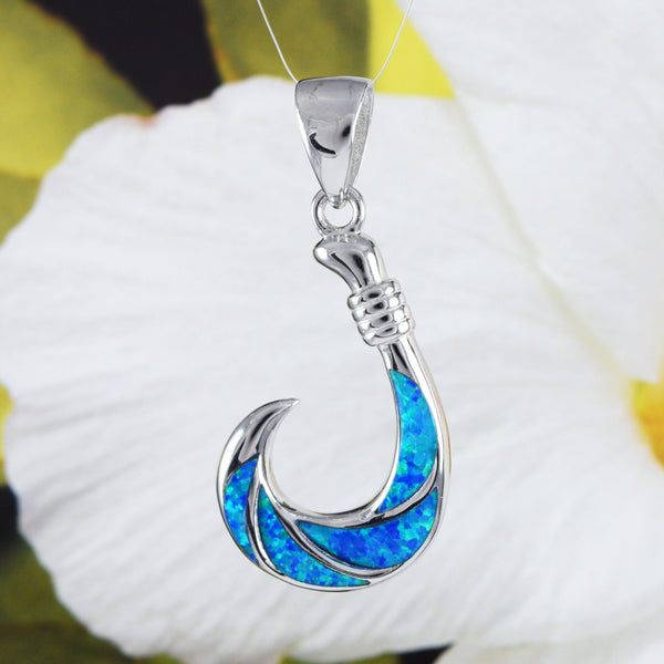 Unique Beautiful Hawaiian X-Large Blue Opal Fish Hook Necklace, Sterling Silver Opal Fish Hook Pendant, N4505 Birthday Mother Gift