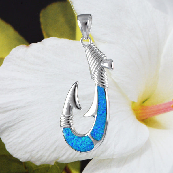 Unique Beautiful Hawaiian XXX-Large Blue Opal Fish Hook Necklace, Sterling Silver Opal Fish Hook Pendant, N4510 Birthday Mother Gift