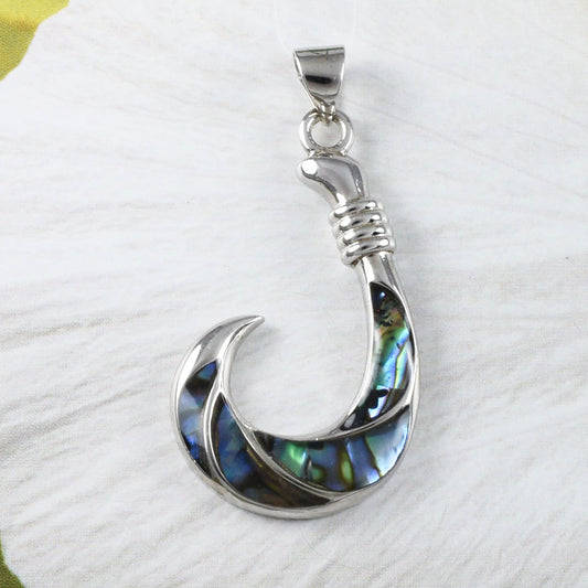 Unique Hawaiian X-Large Genuine Paua Shell Fish Hook Necklace, Sterling Silver Abalone MOP Fish Hook Pendant, N9273 Birthday Mom Gift