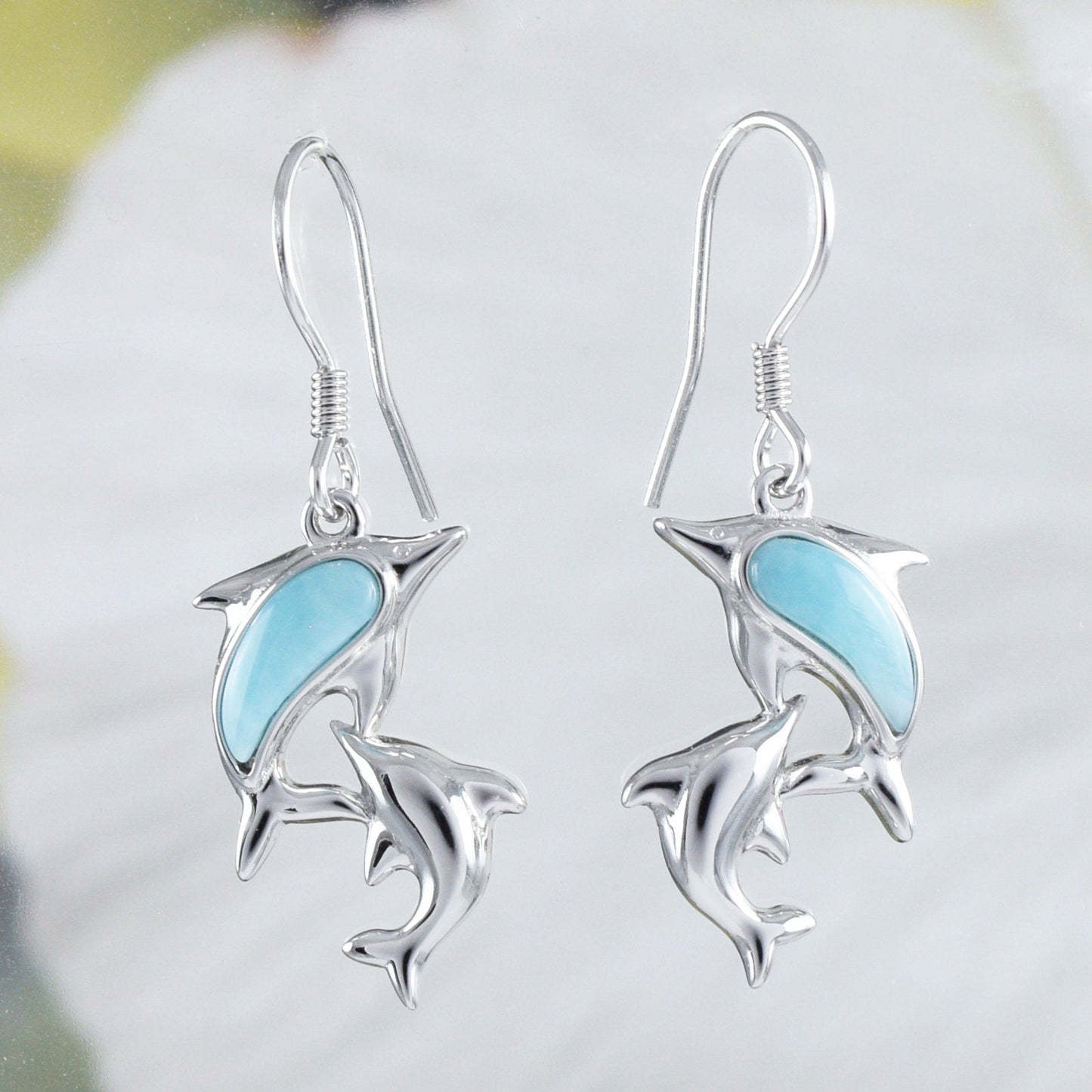 Beautiful Hawaiian Genuine Larimar Mom & Baby Dolphin Earring, Sterling Silver 2 Dolphin Dangle Earring, E8932 Birthday Mom Valentine Gift