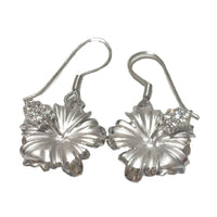 Unique Beautiful Large Hawaiian Hibiscus Earring, Official Hawaiian State Flower, Sterling Silver Hibiscus CZ Dangle Earring E4159