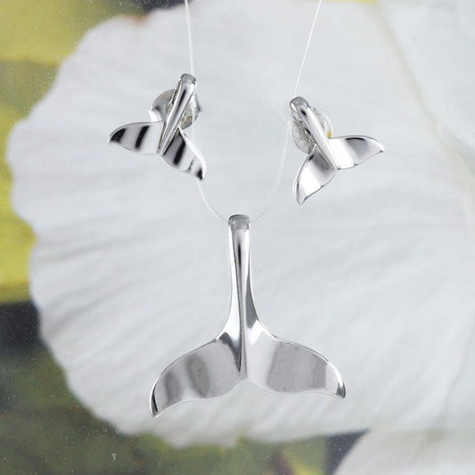 Collier et boucles d'oreilles en queue de baleine hawaïenne, ensemble assorti en argent sterling avec queue de baleine, cadeau d'anniversaire N2019S pour femme, maman, mère, bijoux des îles