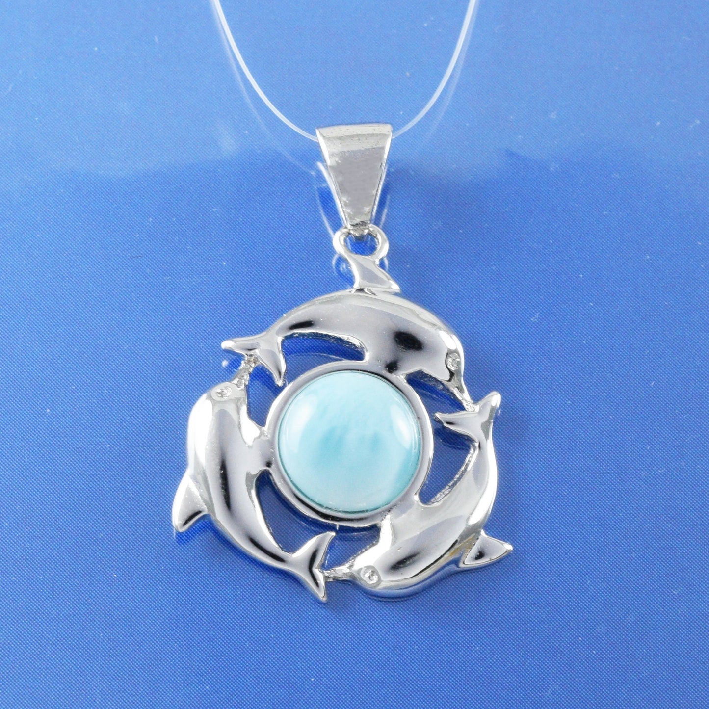 Boucles d'oreilles et collier uniques en véritable Larimar hawaïen avec 3 dauphins, pendentif en argent sterling avec larimar, cadeau d'anniversaire pour mère et épouse N8843S