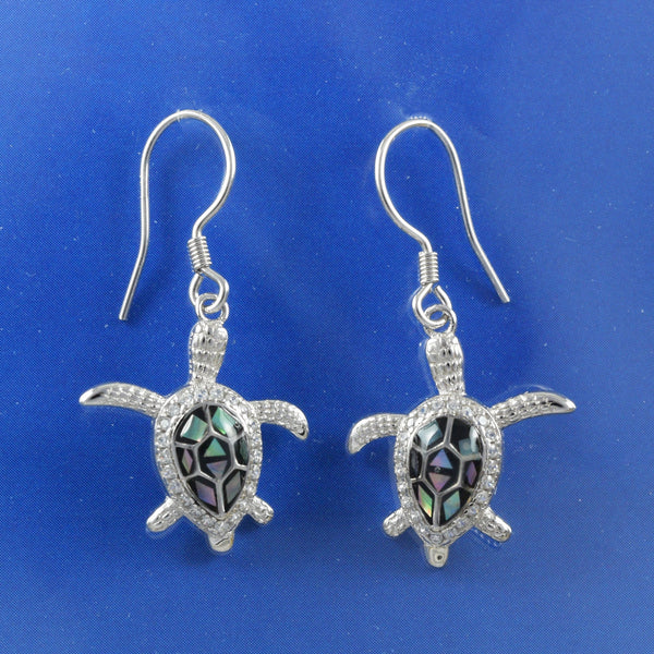 Beautiful Hawaiian Genuine Paua Shell Sea Turtle Earring, Sterling Silver Turtle CZ Dangle Earring, E8930 Birthday Wife Mom Mother Gift