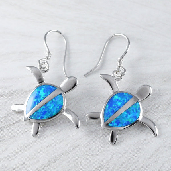 Beautiful Hawaiian Large Blue Opal Sea Turtle Earring, Sterling Silver Blue Opal Turtle Dangle Earring, E2027 Birthday Mom Mother Gift