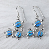 Superbe boucle d'oreille hawaïenne de grande taille pour maman et 2 bébés tortues de mer, boucle d'oreille pendante en argent sterling avec opale bleue, cadeau d'anniversaire pour maman et Saint-Valentin E6173