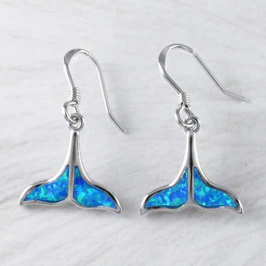 Beautiful Hawaiian Blue Opal Whale Tail Earring, Sterling Silver Blue Opal Whale Tail Dangle Earring, E8700 Birthday Wife Mom Mother Gift