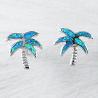 Beautiful Hawaiian Blue Opal Palm Tree Earring, Sterling Silver Blue Opal Palm Tree Stud Post Earring, E4049 Birthday Anniversary Mom Gift