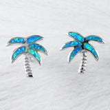 Beautiful Hawaiian Blue Opal Palm Tree Earring, Sterling Silver Blue Opal Palm Tree Stud Post Earring, E4049 Birthday Anniversary Mom Gift