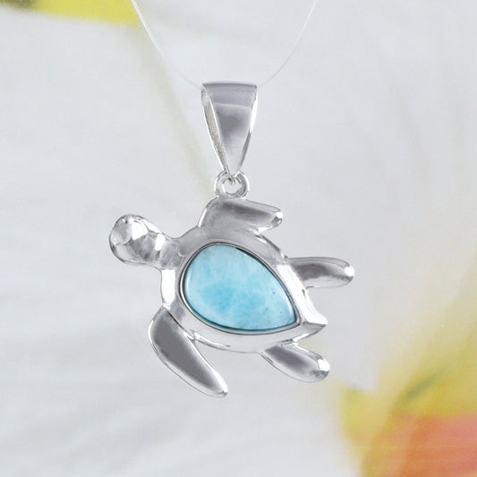 Collier unique en véritable tortue de mer Larimar hawaïenne, pendentif en argent sterling avec tortue Larimar, cadeau d'anniversaire pour mère, épouse, maman, N8791