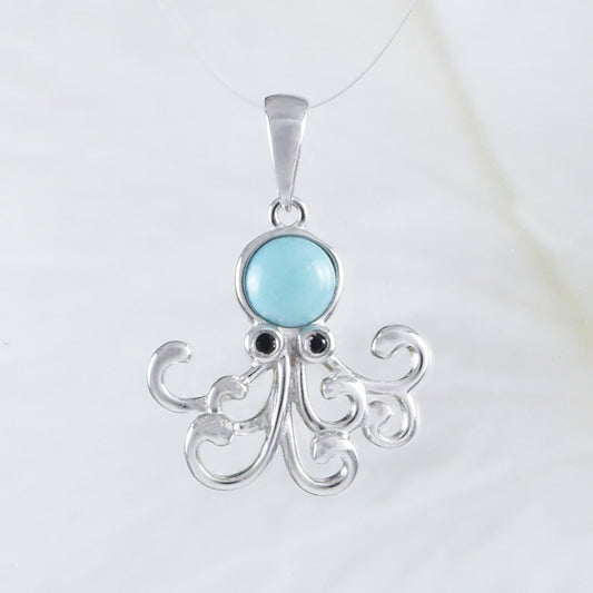 Collier unique en véritable larimar hawaïen avec pendentif en argent sterling et poulpe, N8790, cadeau d'anniversaire pour mère, épouse, maman