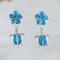 Boucles d'oreilles et collier uniques et magnifiques en forme de tortue de mer Plumeria en opale bleue hawaïenne, pendentif en argent sterling en forme de tortue Plumeria en opale bleue, N8372S