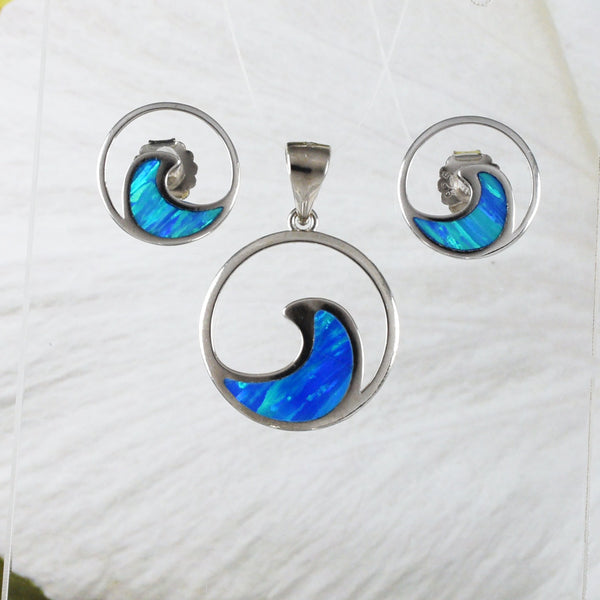 Boucles d'oreilles et collier uniques en forme de vague d'océan en opale bleue hawaïenne, pendentif en argent sterling avec opale bleue, cadeau d'anniversaire pour maman N8383S