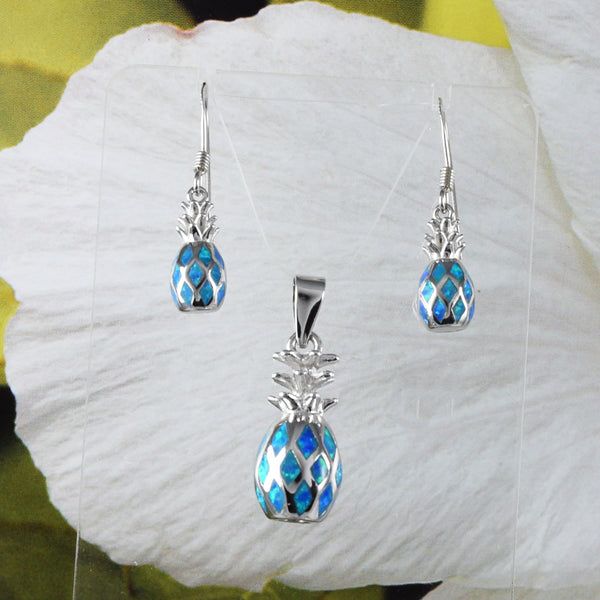 Boucles d'oreilles et collier uniques et magnifiques en opale bleue 3D hawaïenne en forme d'ananas, pendentif en opale bleue en argent sterling, cadeau d'anniversaire pour maman N8385S