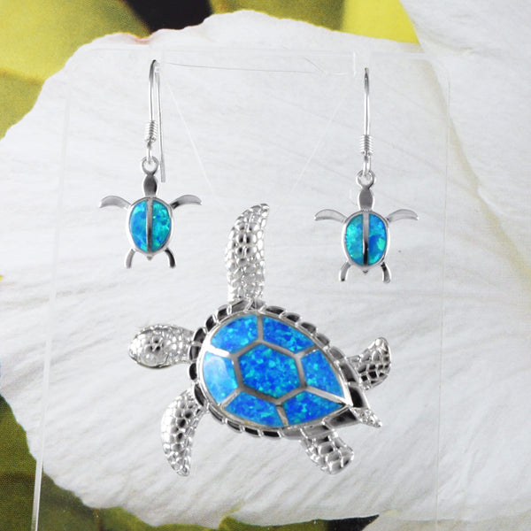 Superbes boucles d'oreilles et collier en forme de tortue de mer hawaïenne de grande taille, pendentif en argent sterling avec opale bleue, cadeau d'anniversaire N6023SH, déclaration PC