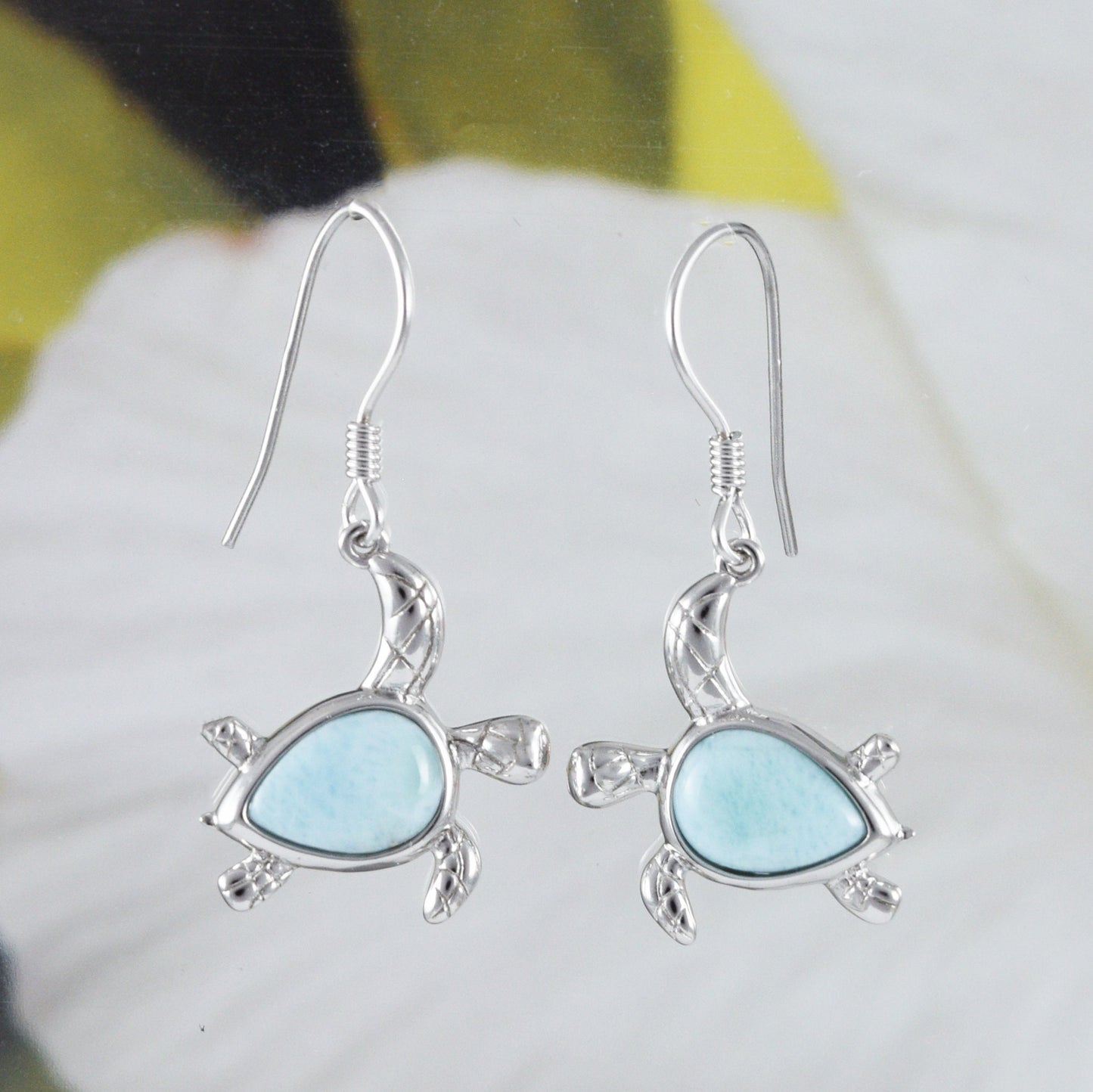 Boucles d'oreilles et collier uniques en véritable tortue de mer Larimar hawaïenne, pendentif en argent sterling avec tortue Larimar, cadeau d'anniversaire pour maman, Saint-Valentin, N8435S