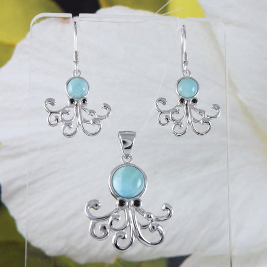 Boucles d'oreilles et collier uniques en véritable larimar hawaïen avec pendentif en argent sterling et poulpe en larimar, cadeau d'anniversaire pour mère, épouse, maman, N8439S