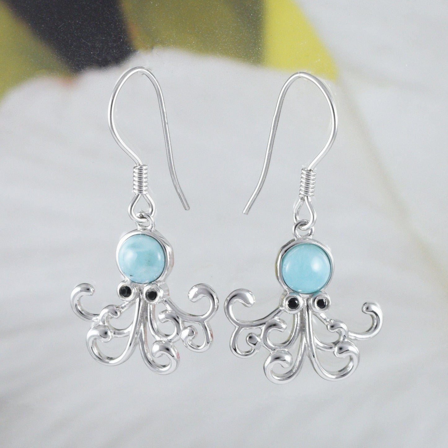 Boucles d'oreilles et collier uniques en véritable larimar hawaïen avec pendentif en argent sterling et poulpe en larimar, cadeau d'anniversaire pour mère, épouse, maman, N8439S