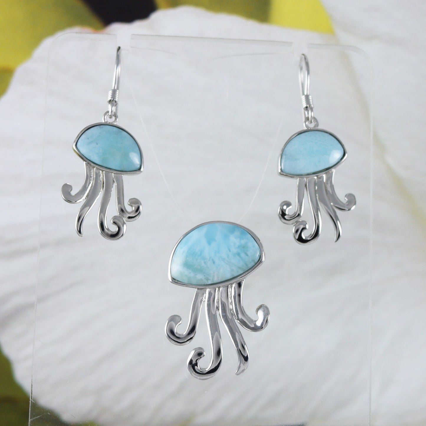 Boucles d'oreilles et collier uniques en véritable méduse hawaïenne en larimar, pendentif en argent sterling en forme de méduse en larimar, cadeau d'anniversaire pour maman N8440S