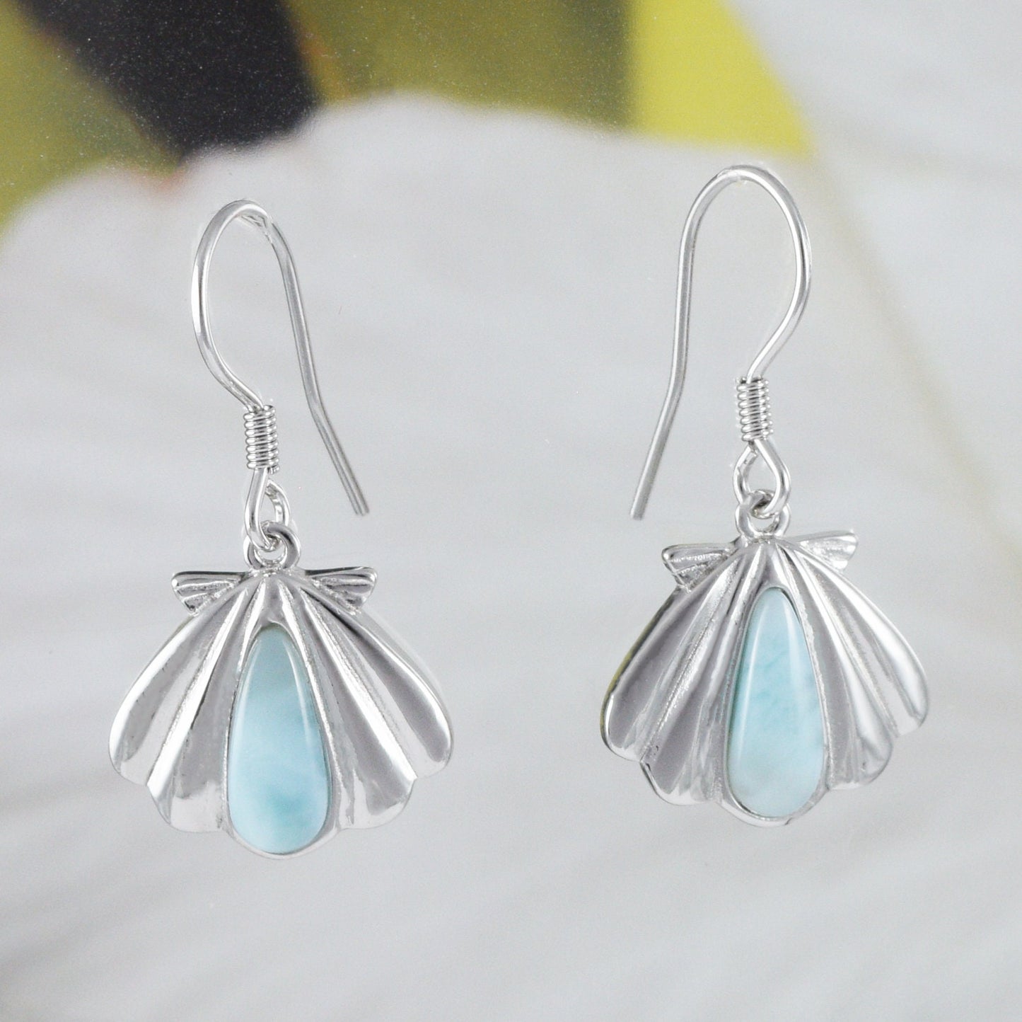 Boucles d'oreilles et collier uniques en coquillage de larimar hawaïen authentique, pendentif en coquillage de larimar en argent sterling, cadeau d'anniversaire pour maman N8442S