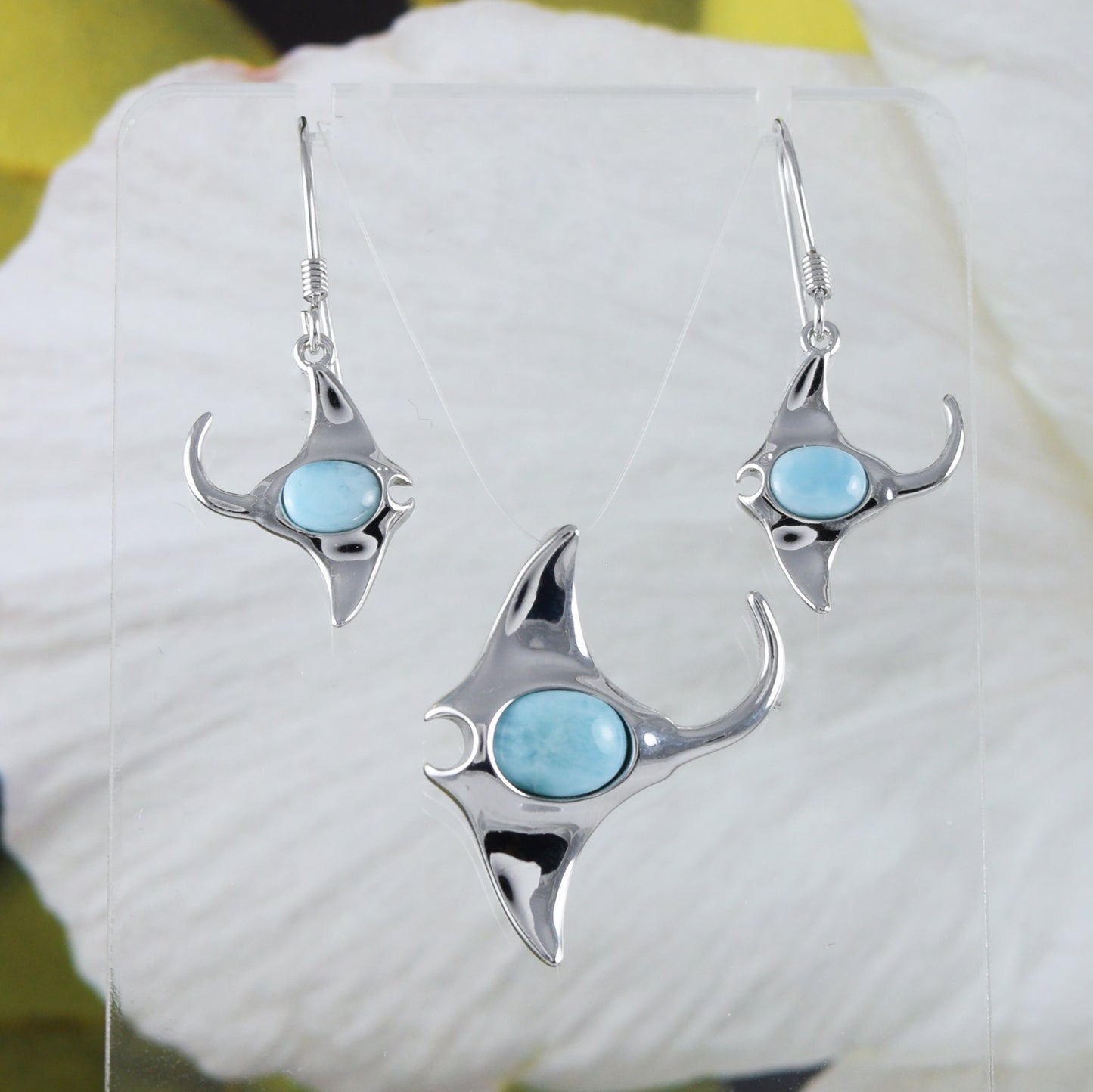 Boucles d'oreilles et collier uniques en véritable raie pastenague en larimar hawaïen, pendentif en argent sterling avec raie pastenague en larimar, cadeau d'anniversaire pour maman N8443S