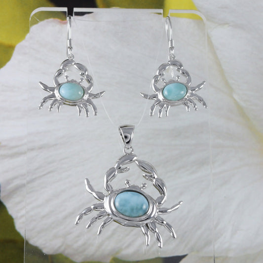 Boucles d'oreilles et collier uniques en véritable crabe Larimar hawaïen, pendentif en argent sterling en forme de crabe Larimar, cadeau d'anniversaire pour mère, épouse, maman, N8444S