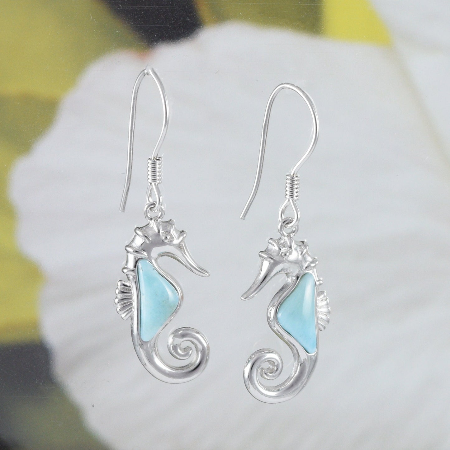 Boucles d'oreilles et collier uniques en véritable hippocampe hawaïen en larimar, pendentif en argent sterling avec hippocampe en larimar, cadeau d'anniversaire, de Saint-Valentin, N8446S