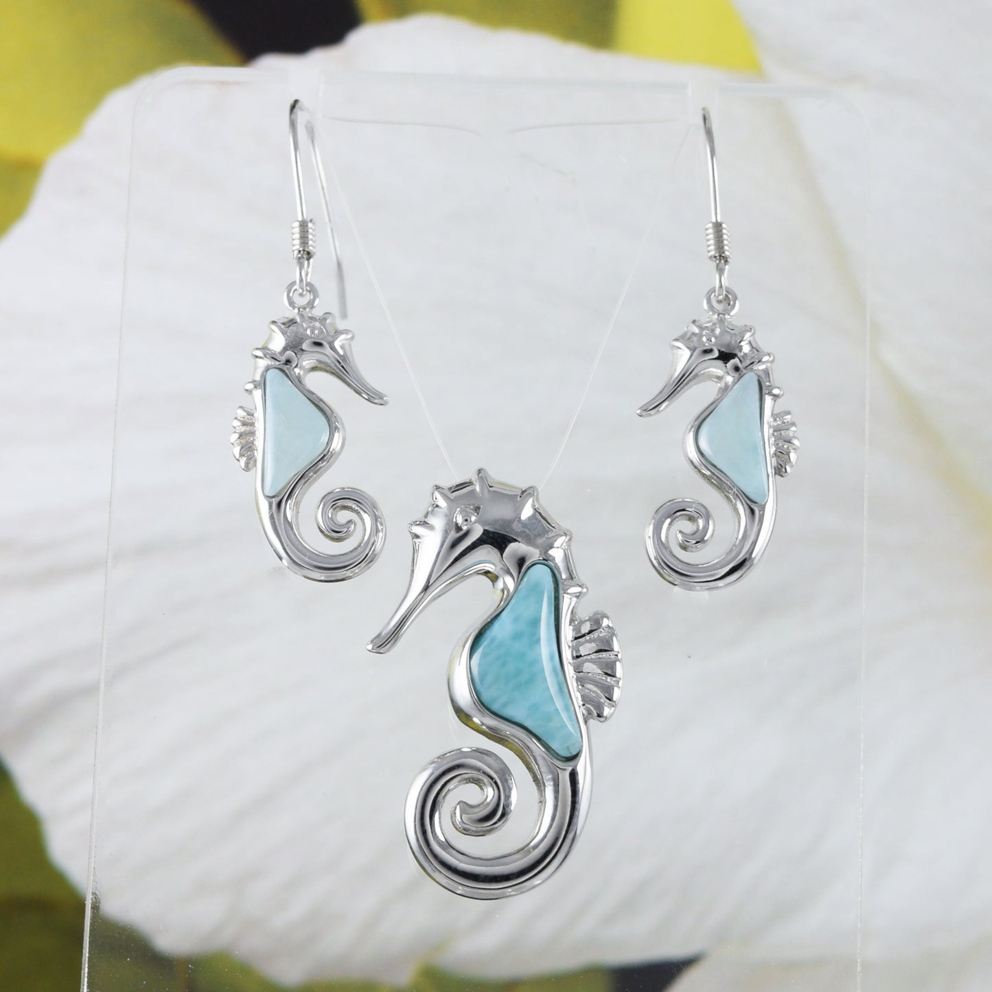 Boucles d'oreilles et collier uniques en véritable hippocampe hawaïen en larimar, pendentif en argent sterling avec hippocampe en larimar, cadeau d'anniversaire, de Saint-Valentin, N8446S