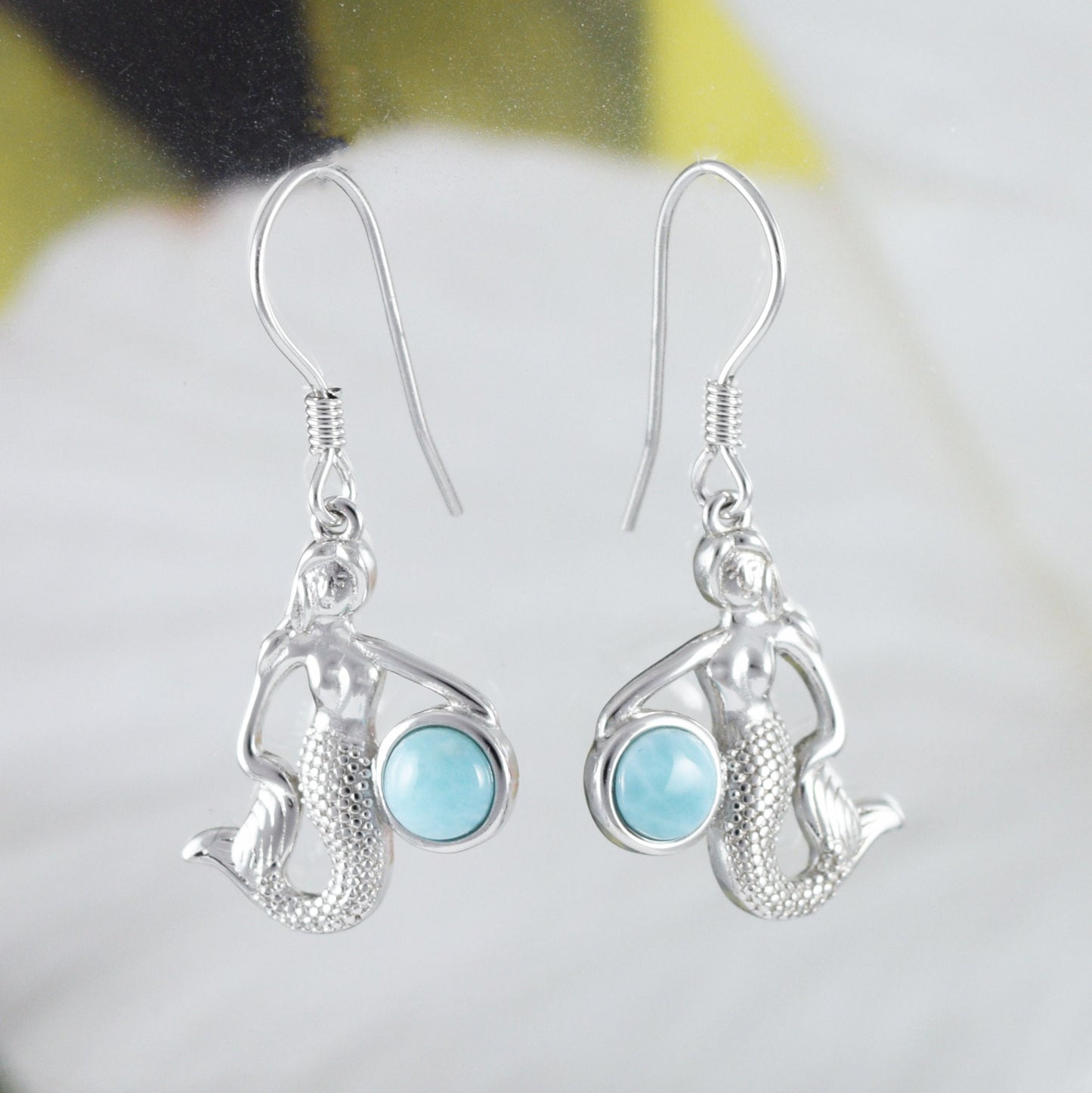 Boucles d'oreilles et collier uniques en véritable larimar hawaïen avec pendentif sirène en argent sterling, N8447S, cadeau d'anniversaire pour mère, épouse, maman