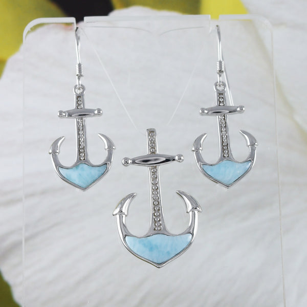 Boucles d'oreilles et collier uniques en forme d'ancre en forme de croix en larimar véritable hawaïen, pendentif en argent sterling avec ancre en larimar, cadeau d'anniversaire pour maman N8448S