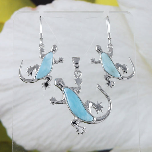 Boucles d'oreilles et collier uniques en véritable larimar gecko hawaïen, pendentif en argent sterling larimar gecko, cadeau d'anniversaire pour mère, épouse, maman, N8451S