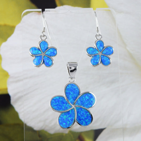 Magnifiques boucles d'oreilles et collier hawaïens en forme de plumeria bleu opale, pendentif en argent sterling en forme de fleur de plumeria bleu opale N6008SH, cadeau d'anniversaire pour maman