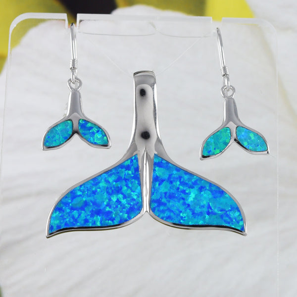 Stunning Large Hawaiian Whale Tail Earring and Necklace, Sterling Silver Blue Opal Whale Tail Pendant, N6019SH Birthday Mother Wife Mom Gift