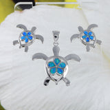 Magnifique collier et boucles d'oreilles en forme de tortue de mer Plumeria en opale bleue de grande taille d'Hawaï, pendentif en argent sterling en forme de tortue Plumeria en opale bleue, N6160S1