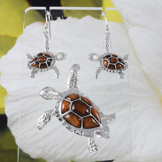 Boucles d'oreilles et collier uniques en véritable bois de koa hawaïen de grande taille avec tortue de mer, pendentif en argent sterling en bois de koa, cadeau d'anniversaire pour maman N8501S