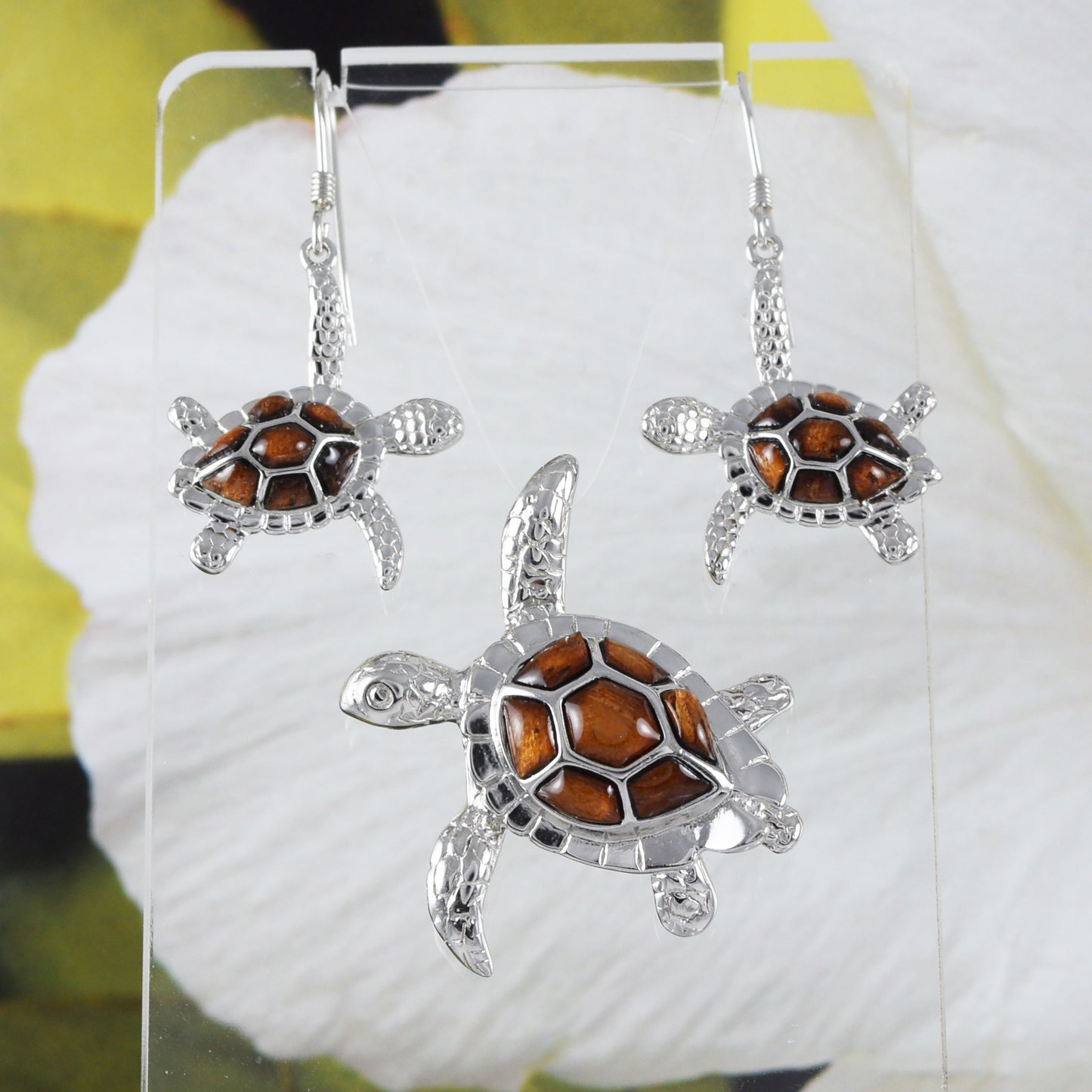 Boucles d'oreilles et collier uniques en véritable bois de koa hawaïen avec tortue de mer, pendentif en argent sterling en bois de koa, cadeau d'anniversaire pour maman N8502S