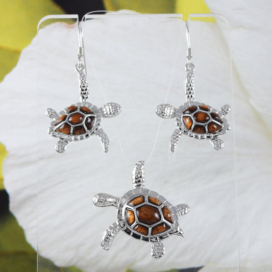 Boucles d'oreilles et collier uniques en véritable bois de koa hawaïen avec tortue de mer, pendentif en argent sterling avec tortue en bois de koa, cadeau d'anniversaire pour maman N8503S